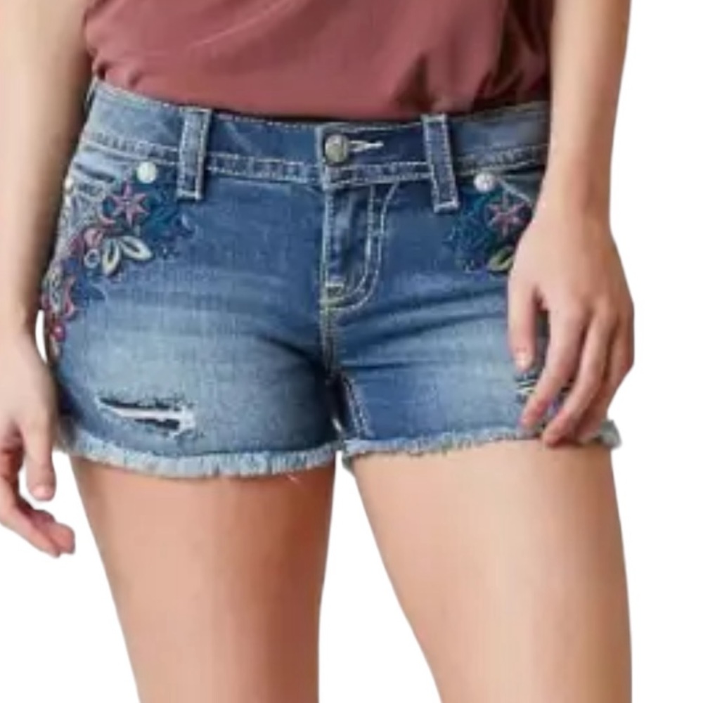 Miss Me Blue Denim Embroidered Floral Shorts